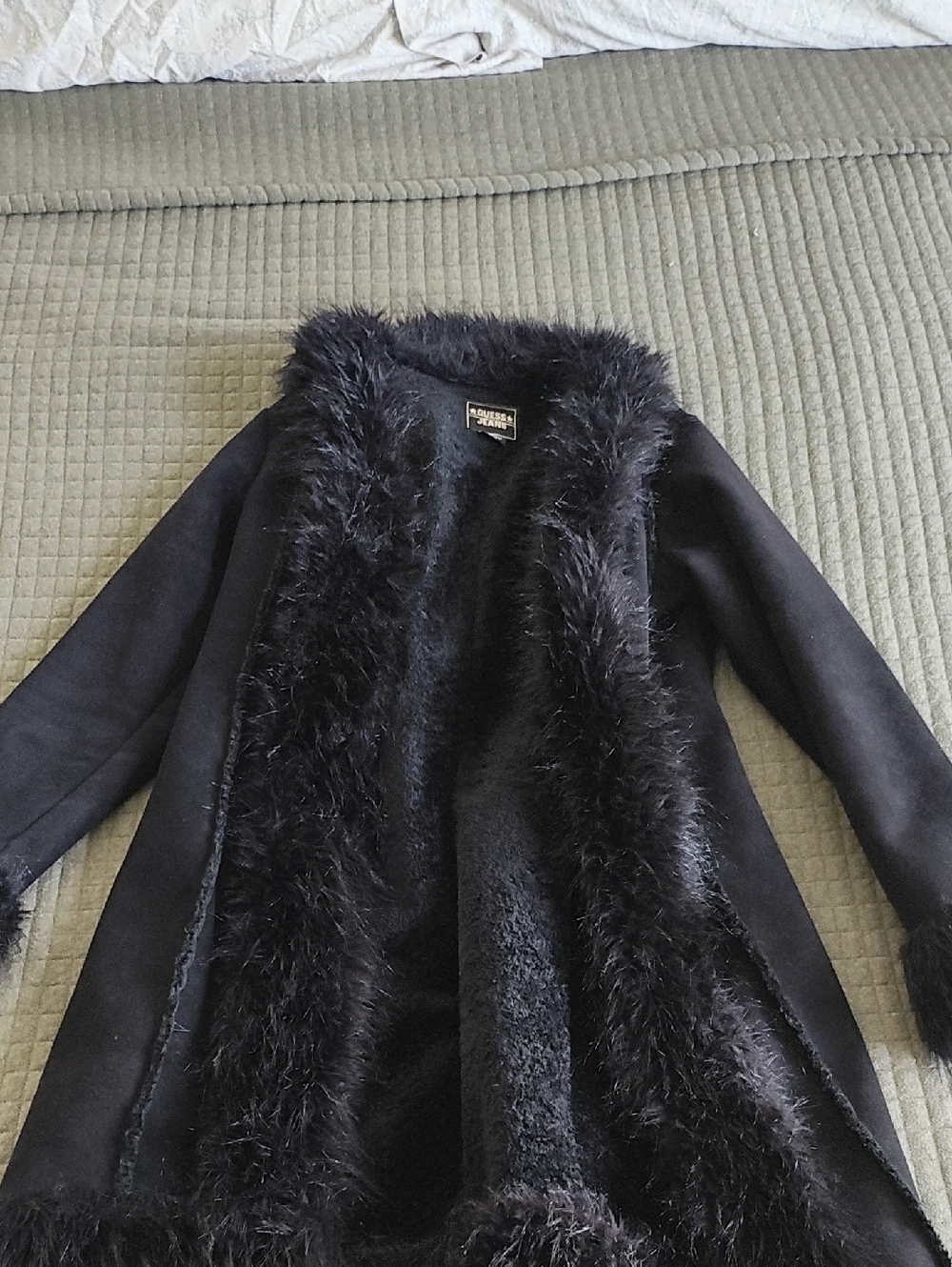 Guess Black Faux-Fur Trim Open Front Coat